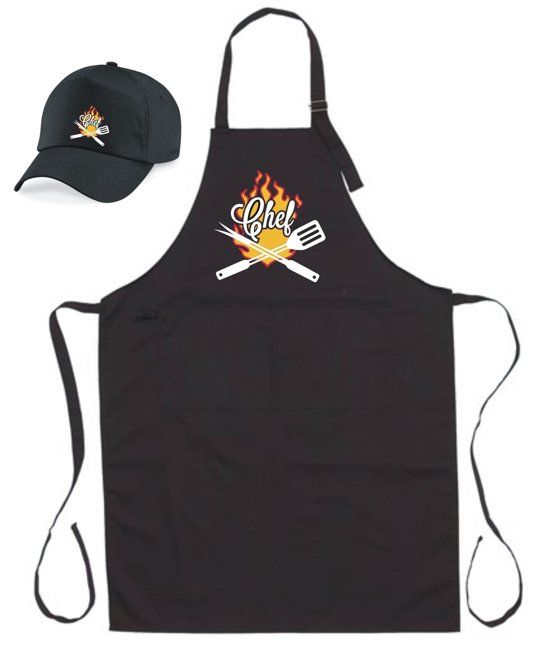 mijncadeautje Fashion Barbecueschort - Chef - zwart - XXL 97 x 68 cm - kleurenopdruk - gratis BBQ cap