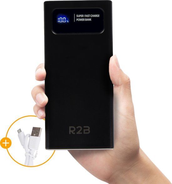 R2B Powerbank 20000 mAh - USB, USB C & Micro USB - Fast Charging - Black