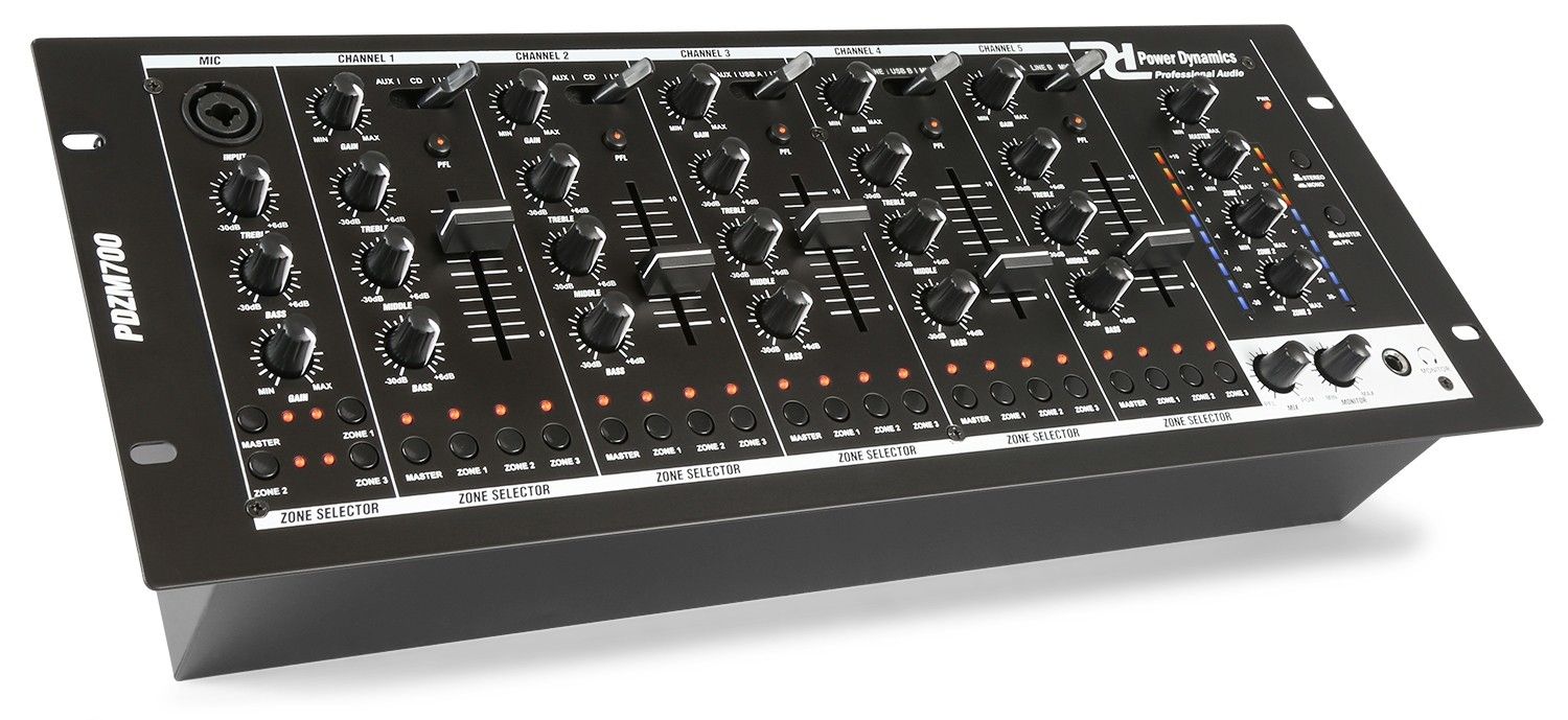 Power Dynamics PDZM700 6-kanaals installatiemixer met USB en 4 zones - Zwart