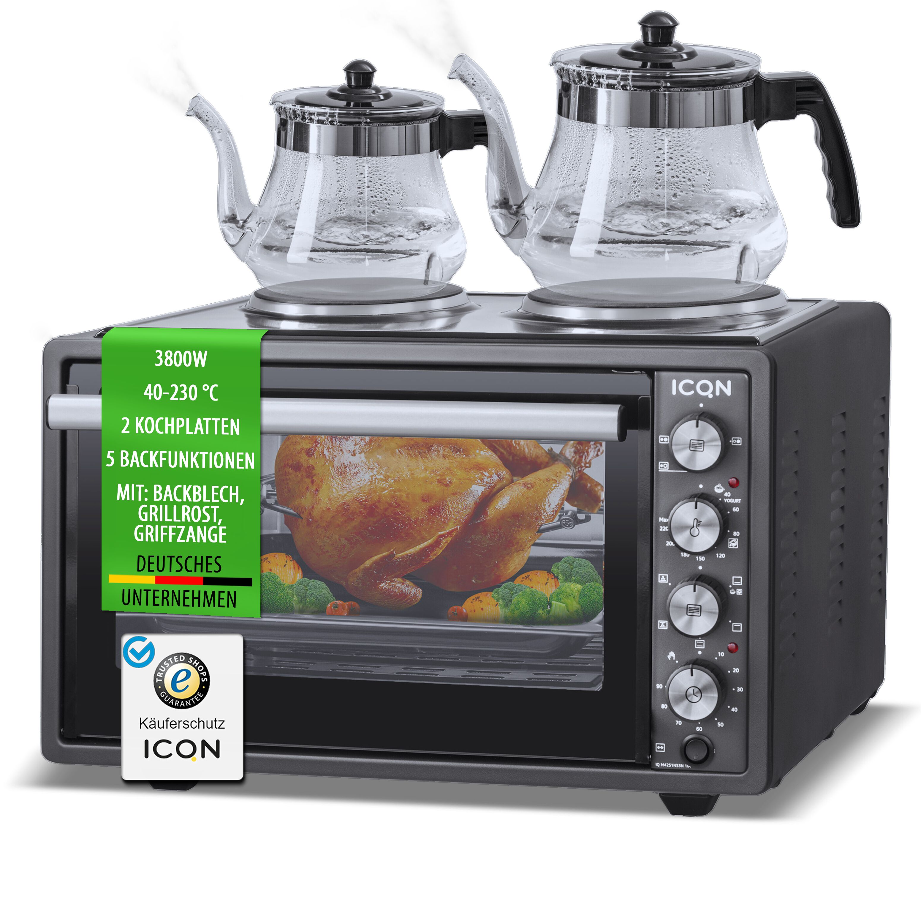 ICQN 42L Electric Oven with Grill, Convection, and 2 Hot Plates - Black