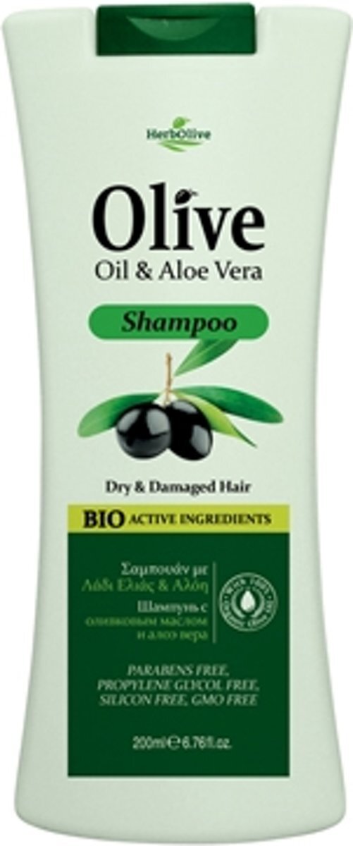 HerbOlive Shampoo *Olijfolie & Aloe Vera* Droog en Beschadigd Haar 200ml 100% Biologisch geteelde producten - Parabenen vrij - Vaseline vrij - Minerale Olie vrij - Propyleenglycol vrij