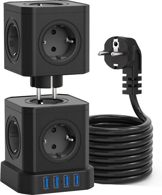 Voomy Toren Cube Stekkerdoos - 4 USB Poorten en Schakelaar - 10 Stopcontacten - Zwart
