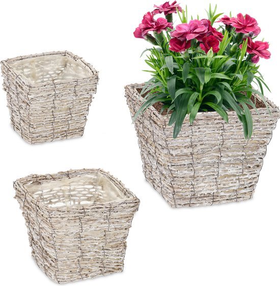 Relaxdays bloempot - set van 3 - rotan - bleombak - met folie - vierkant- wit/natuur