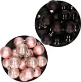 Decoris Kerstversiering kunststof kerstballen kleuren mix zwart/ lichtroze 4 en 6 cm pakket van 80x stuks