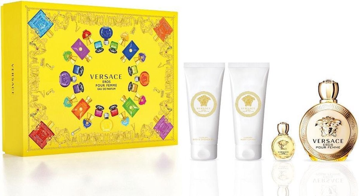 Versace Eros pour Femme Giftset - 100 ml eau de parfum spray + 5 ml eau de parfum spray + 100 ml showergel + 100 ml bodylotion - cadeauset voor dames