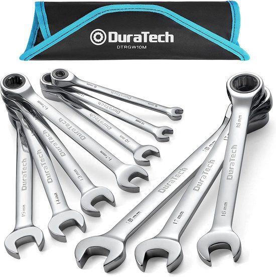 DURATECH 10-delige ratelsleutelset, 6-18 mm, steeksleutel, chroom-vanadiumstaal, zilver