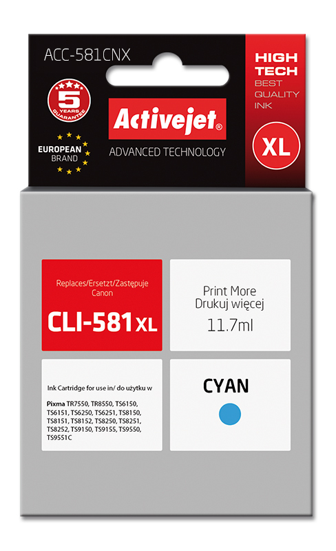 ActiveJet ACC-581CNX inkt (CLI-581C XL vervanging; Supreme; 11,70 ml; blauw) single pack / cyaan