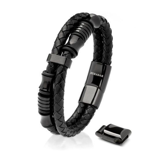 SERASAR Armband Heren [Spirit] Premium Koeienhuid - Zwart 20cm - RVS en Leer