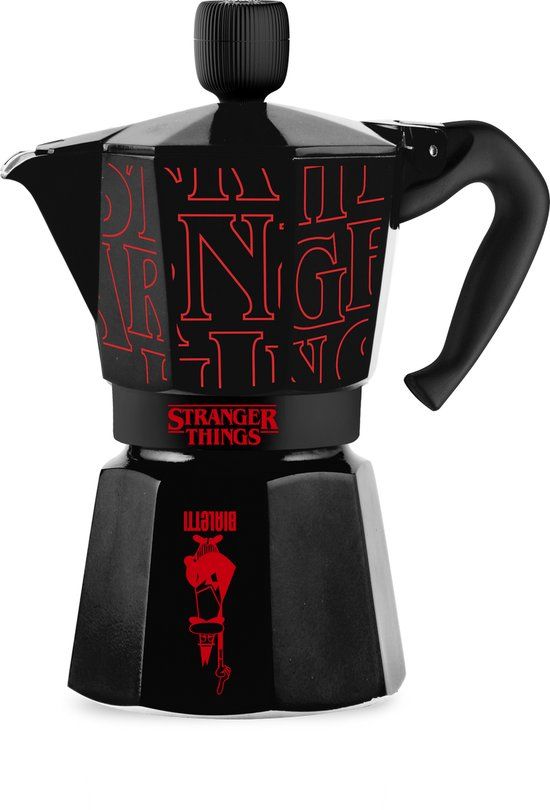 Bialetti Moka Express Stranger Things 6 kopjes, muzikale knop met USB-C oplaadfunctie, niet geschikt voor inductie, 6 kopjes (270 ml), zwart