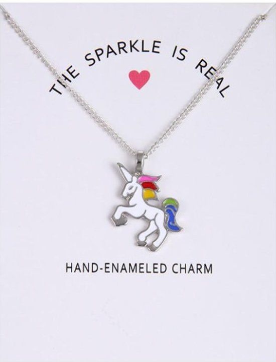 Fako Bijoux® - Ketting Op Kaart - Eenhoorn Regenboog Wit - Zilverkleurig