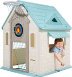 VEVOR Buitenspeelhuis 5 In 1 Tuinhuis (Rollenspeelplaats/Basketbal/Darts/Voetbal/Ringwerpen) Kinderspeelhuis met Praktische Deur, Glijbaan en Raam voor Peuters Vanaf 2 Jaar