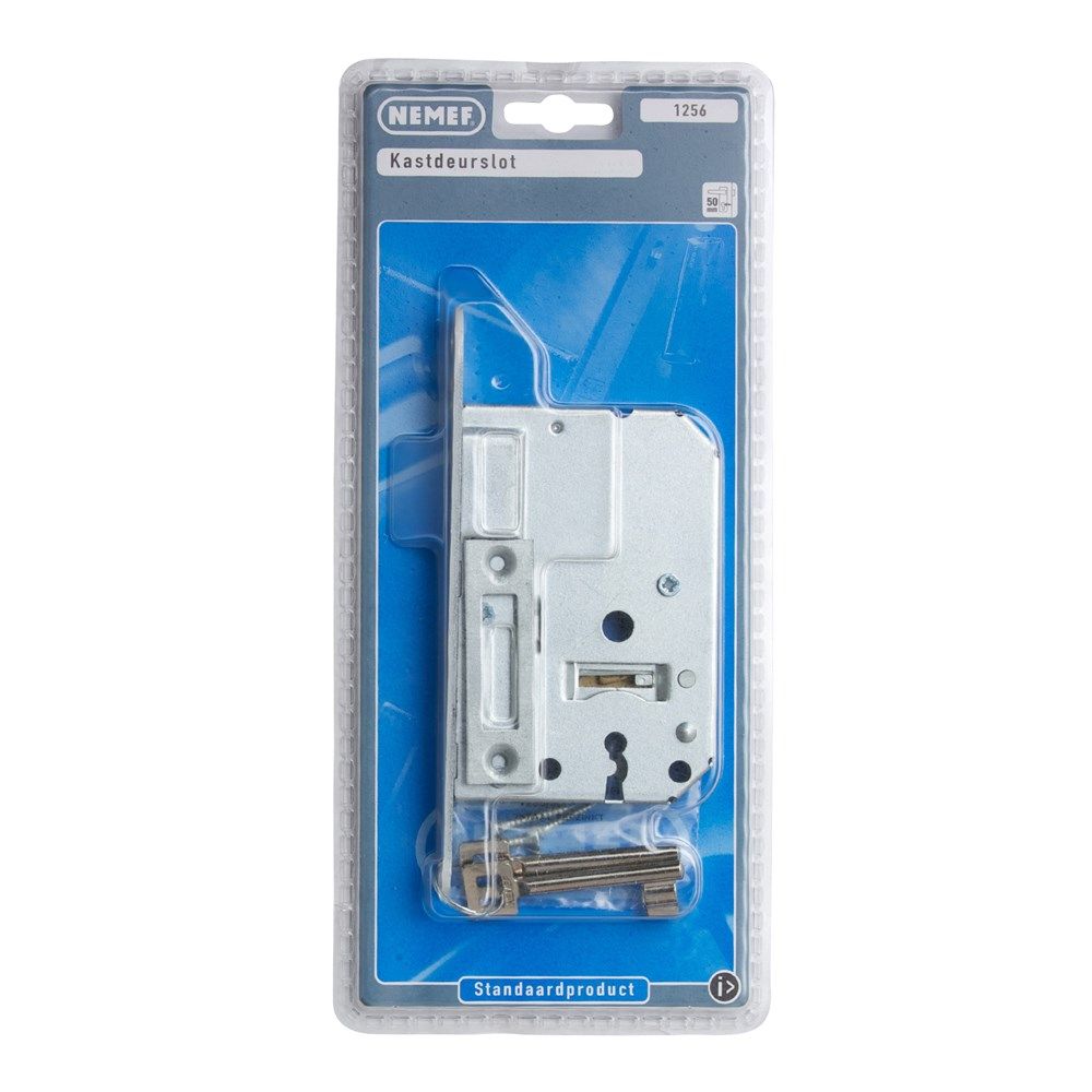 Nemef kastslot 1256/2 - Doornmaat 50mm - Wit gelakte voorplaat - Met sluitplaat - Met sleutels - Met bevestigingsmateriaal - In zichtverpakking