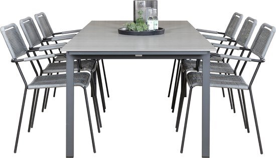 Hioshop Levels tuinmeubelset tafel 100x229/310cm en 6 stoel armleuning Lindos zwart, grijs.