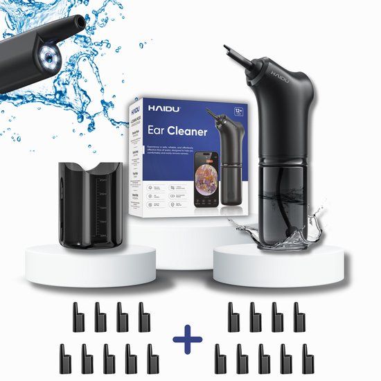 HAIDU Oorreiniger Pro + Extra Oortips – Oorsmeer verwijderaar set – Ingebouwde Camera en LED – 200ml Waterreservoir – Oplaadbaar – Zwart – Premium