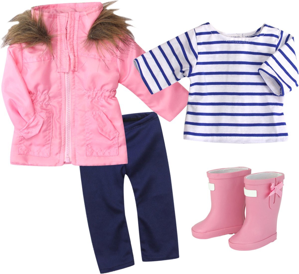 Sophia's by Teamson Kids Poppenkledingset voor 18" Poppen - Parka Jas, Leggings, T-Shirt en Regenlaarzen - Poppen Accessoires - Roze/Strepen (Pop niet inbegrepen)