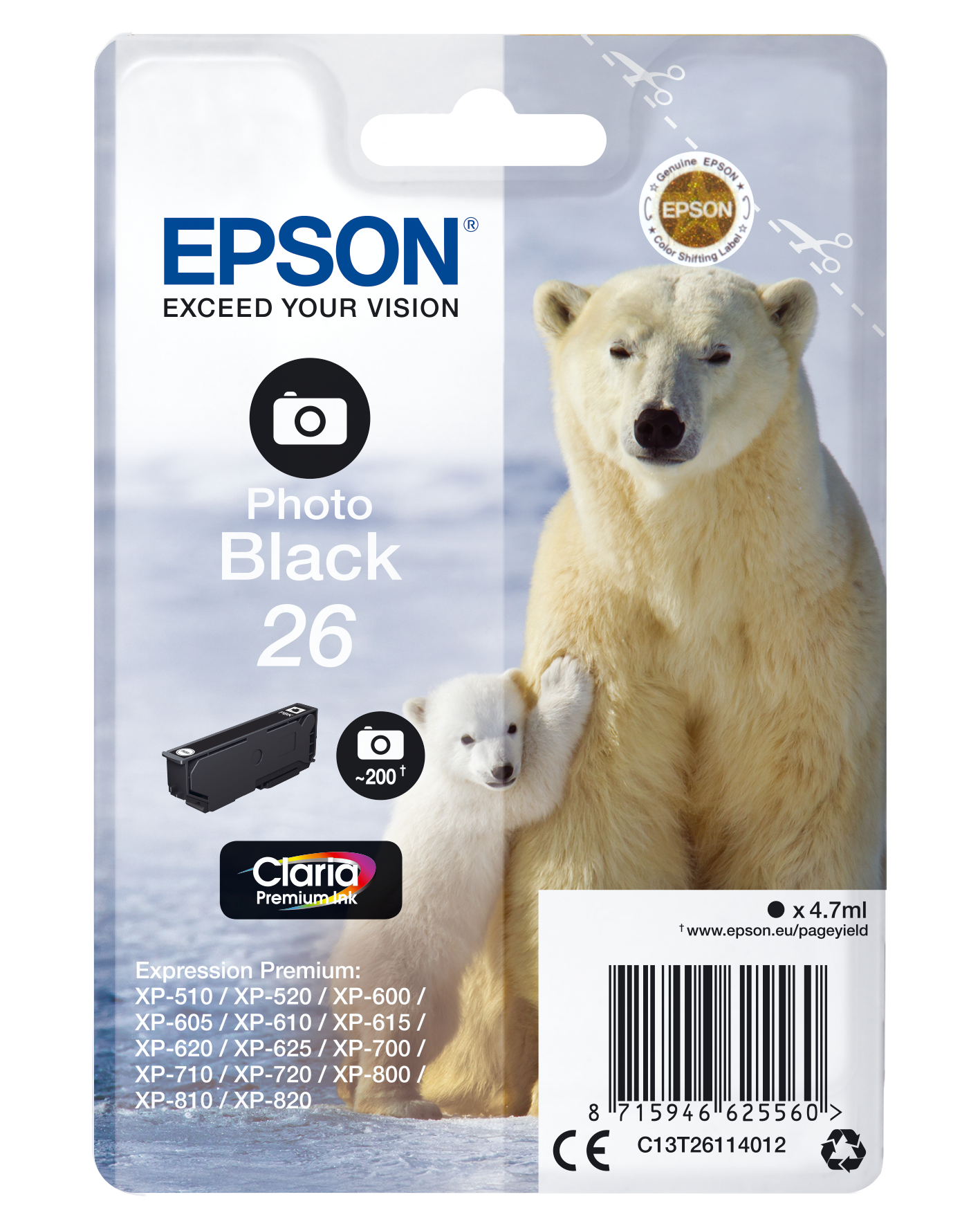 Epson Polar bear Singlepack Photo Black 26 Claria Premium Ink single pack / foto zwart