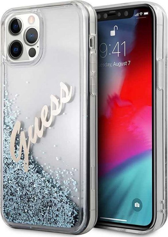 Guess Liquid Glitter Script Hard Case geschikt voor iPhone 12 Pro Max ( 6.7" ) - Vintage Blauw