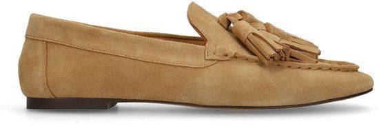 Manfield - Dames - Beige suède loafers met franjes - Maat 36