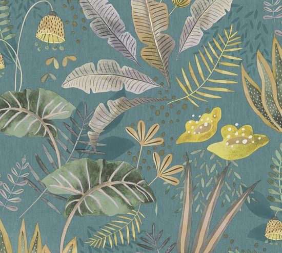 Living Walls SPEELSE BLADEREN BEHANG | Botanisch - Petrol Groen Geel Grijs - Famous Garden