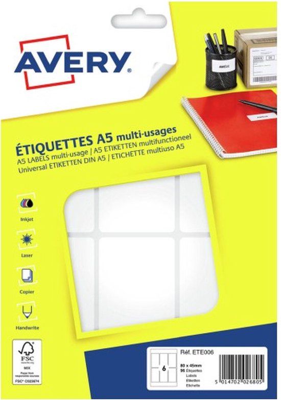 Avery ETE006 printeretiket Wit Zelfklevend printerlabel
