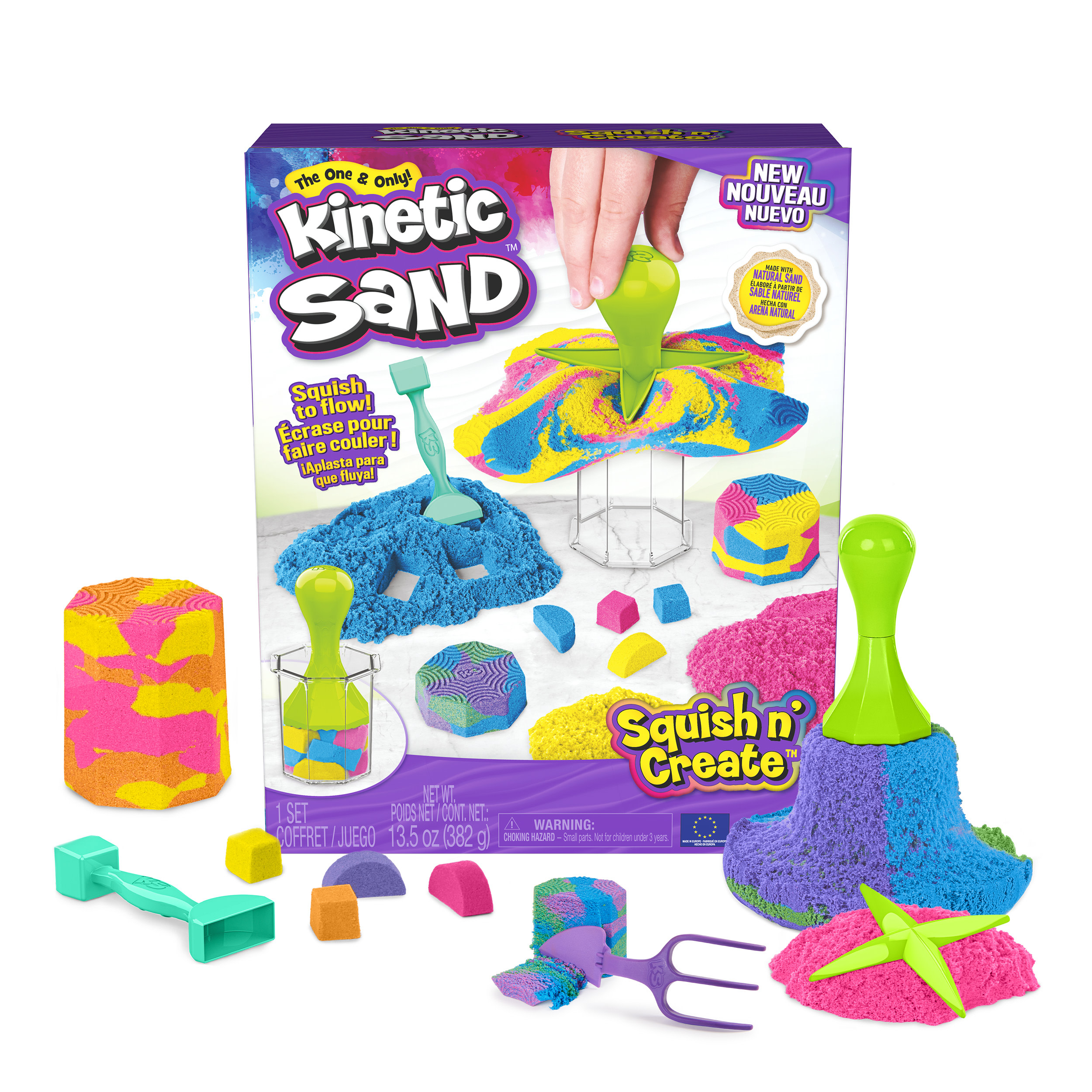 Spin Master Kinetic Sand - Squish N’ Create met 382 g blauw geel en roze speelzand en 5 gereedschappen - Sensoriche speelgoed