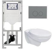 Geberit Adema Classico toiletset - Inbouwreservoir, Toiletpot, Basic Toiletzitting, Bedieningsplaat - Licht Grijs, Ronde Knoppen, Glans Wit