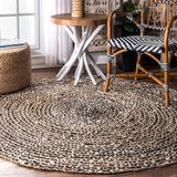 Merkloos Ronde Vloerkleed van Gevlochten Natuurlijke Jute en Katoen - Zwart Wit Patroon - 240x240 cm