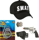 PartyXplosion Politie/SWAT team verkleed cap/pet blauw met pistool/holster/badge/handboeien voor kinderen