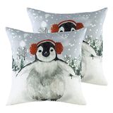 Evans Lichfield Besneeuwde pinguïn met oorkappen Polyester Gevulde Kussens (Twin Pack), Multi, 43 x 43 cm