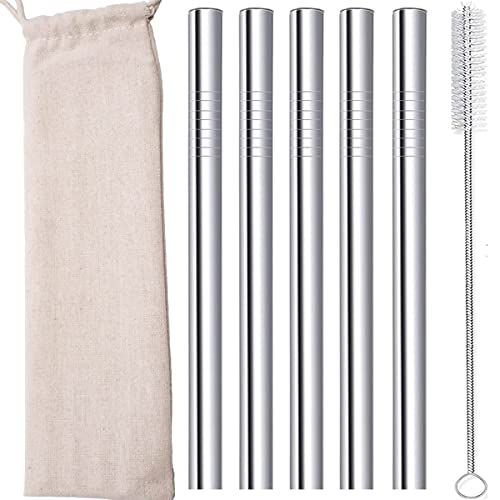 morneve Smoothie Boba Rietjes Dikke herbruikbare metalen rietjes Vet Brede Milkshake Jumbo Bubble Thee RVS stro Bulk met reiskoffer Draagtas Cleaner Borstel 12mm 0,5 Inch 5-delig