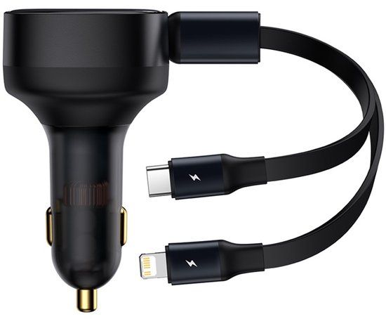 Baseus CGTX000001 - Zwarte 30W Autolader met 2 Outputs, Inclusief 0.75m USB-C naar Lightning Kabel