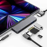 iPad Pro USB C Hub adapter for iPad Pro 11 12.9 M1 M2 2022-2018,iPad Air 4/5,iPad Mini 6,7-in-1 Hub with 4K HDMI,3.5mm Jack,USB3.0,USB C PD&Data,SD/TF Card Slot,iPad accessories