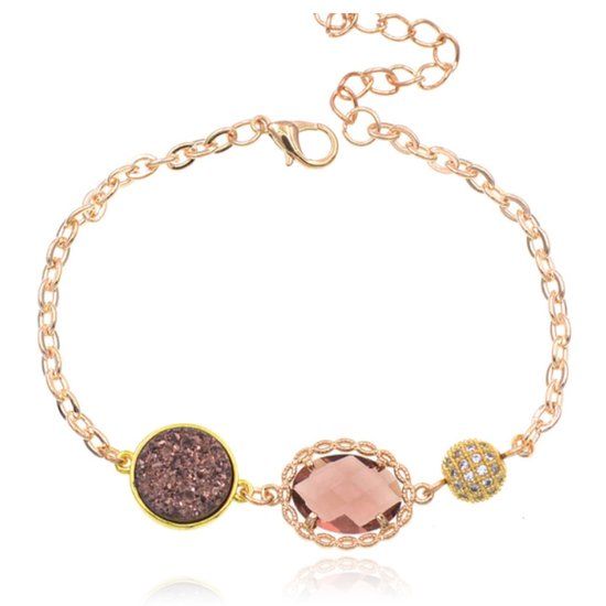 Deja Jewels Goudkleurige verstelbare dames armband met roze glassteen