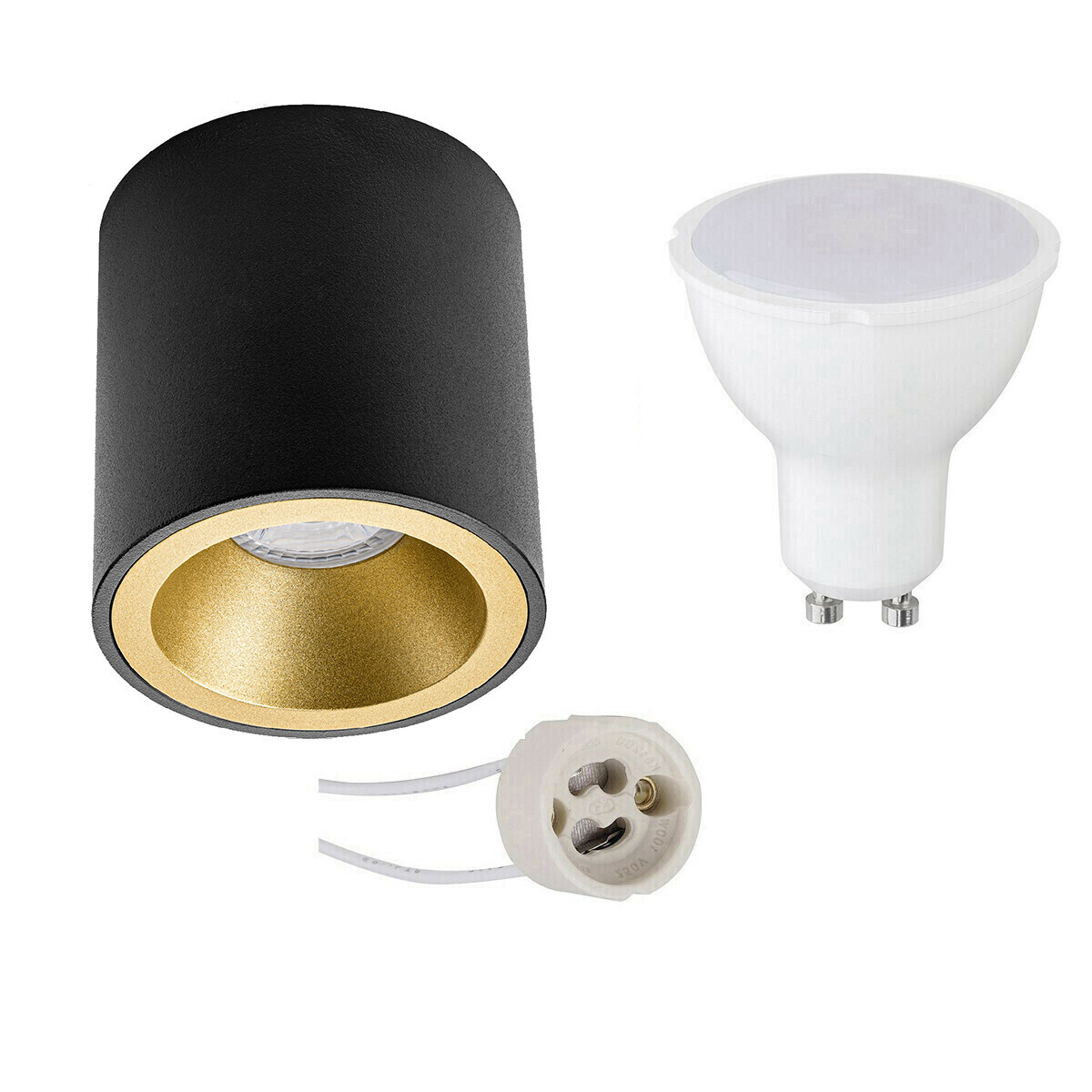 BES LED Voordeelset Opbouwspot Set - Pragmi Cliron Pro - GU10 Fitting - Opbouw Rond - Mat Zwart/Goud - 6W - Helder/Koud Wit 6400K - Verdiept - Ã˜90mm