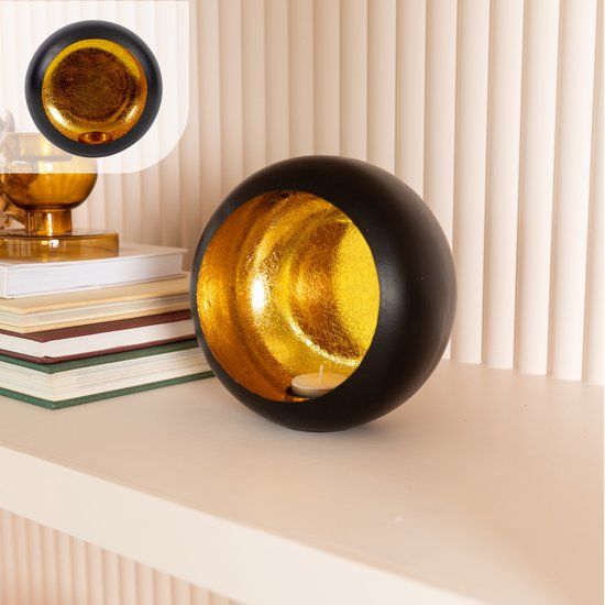Gadgy Waxinelichthouder Rond - Metaal - Zwart/Goud - 17x17 cm