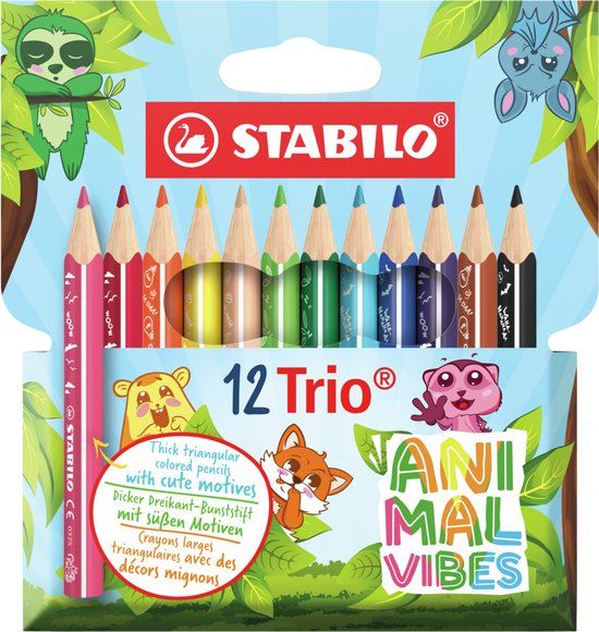 STABILO Trio thick - Driekantige Kleurpotloden Met Extra Dikke Kern - Animal Vibes - Etui Met 12 Kleuren