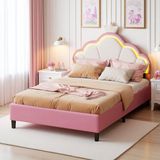 ROSAHQNDA Gestoffeerd bed 140x200cm, LED kinderbed met verstelbaar hoofdeinde, roze prinsessenbed, tienerbed, fluweel, zonder matras