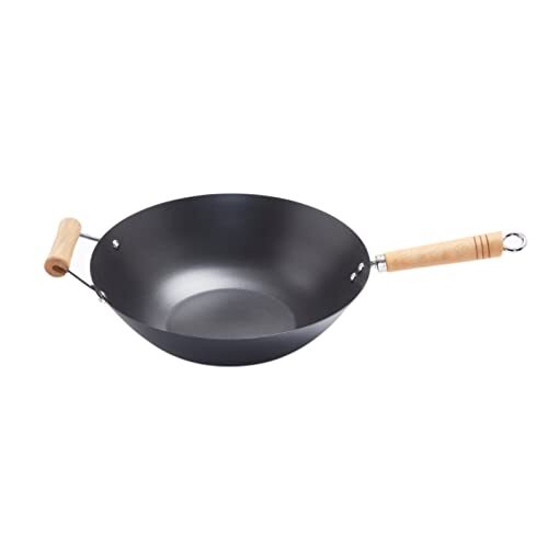 Penguin Home Penguin Home® Carbon Steel Non Stick Wok met stevig hout met helper handvat | 35cm breed | Chinese traditionele wok | roerbak op hoge temperatuur | platte basis voor balans | inductieveilig