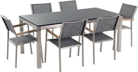 Beliani Tuinset gepolijst graniet/RVS zwart enkel tafelblad 180 x 90 cm met 6 stoelen grijs GROSSETO