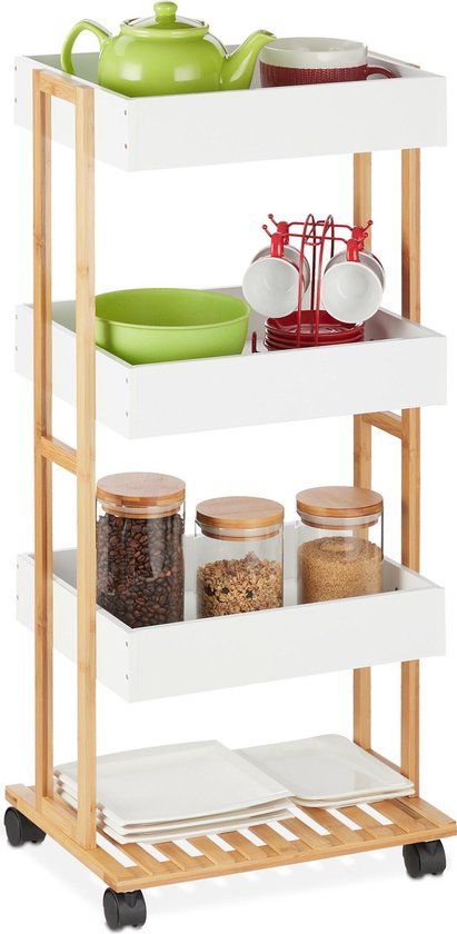 Relaxdays Keukentrolley Bamboe - 4 Etages - Serveerwagen - Opbergtrolley - Lichtbruin/Wit