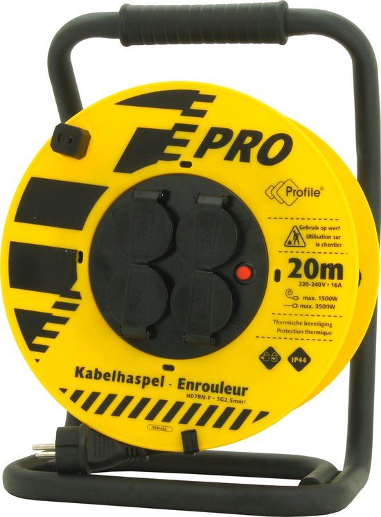 PROFILE Kabelhaspel Tuin - 20 meter - 3x2,5mm² - Geel - Met Penaarde - IP44