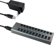 MaxTrack Transmedia USB-A Hub - 10x USB-A - 1x USB oplaadpoort - 12V - 2,4A - USB 3.2 Gen 1 - 1 meter - Grijs
