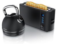 Arendo ontbijtset, 2-delig, bestaande uit: waterkoker VINTAGE, 1,7 liter, 2200W, met 360 graden basis, en een broodrooster FRUKOST, 2 sleuven, 1000W, met kalkfilter. Keukengadgets in mat zwart