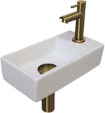INK - Fonteinpack Porselein Rechts incl. Fonteinkraan - Design Sifon - Design Plug en Montageset - 360x180x90 Mm - Mat Wit/brushed Mat Goud