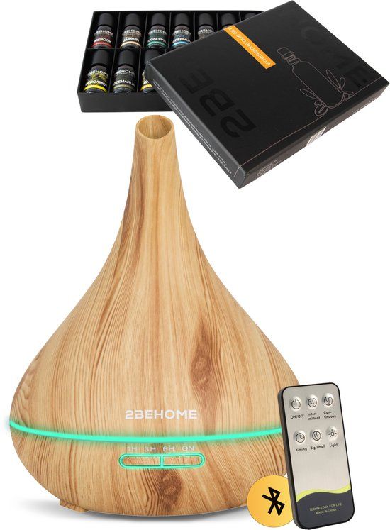2BEHOME Aroma Diffuser Set met 16 Etherische Oliën & Afstandsbediening - 550ML - Lichte Houtlook