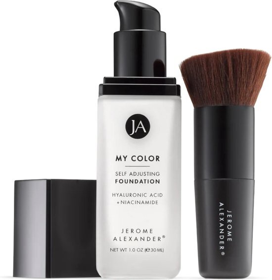 Jerome Alexander My Color Self Adjusting Foundation - Dark - Kleurveranderende Foundation - Natuurlijk dekkende makeup met Hylaluronzuur, Niacinamide, Agrireline - 30ml - Inclusief Kabuki foundation kwast