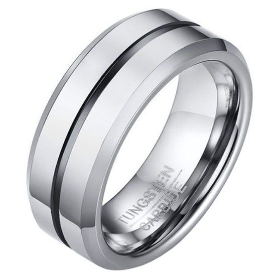 Mendes Jewelry Wolfraam heren ring zilverkleurig met Zwarte streep-20mm