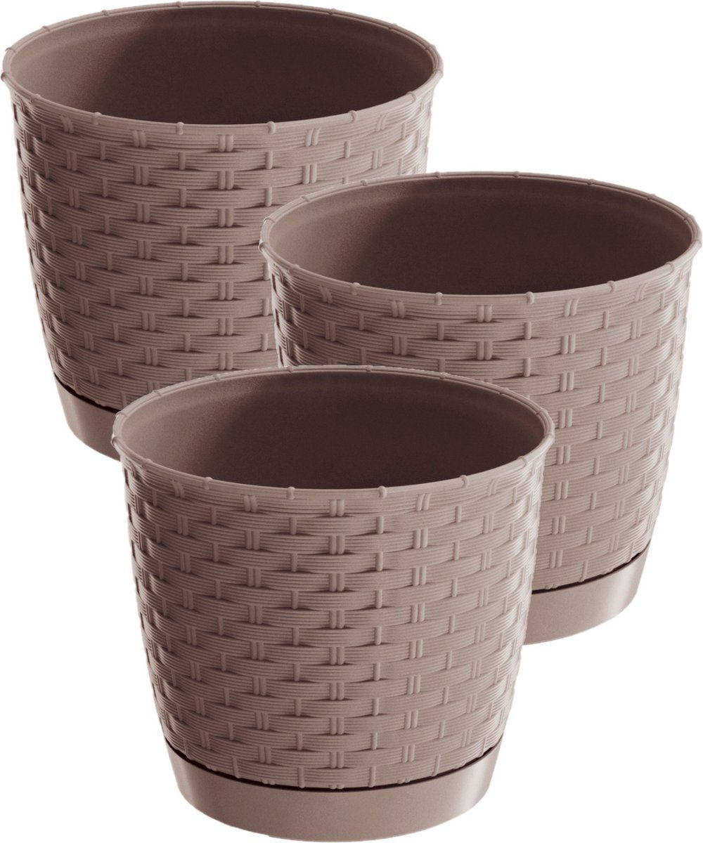 Prosperplast 3x Ronde Gevlochten Plantenpotten Taupe Ø25cm