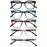 OPULIZE KOI Leesbrillen 5-Pack - Groot Rechthoekig Montuur - Zwart-Blauw-Paars-Grijs-Helder - Heren Dames - Veerscharnieren - RRRRR50-1357C - +3.50