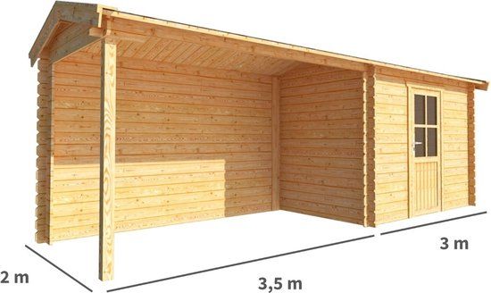 Merkloos Blokhut met overkapping Fenna 650 cm bij 200 cm diep Zadeldak bruin